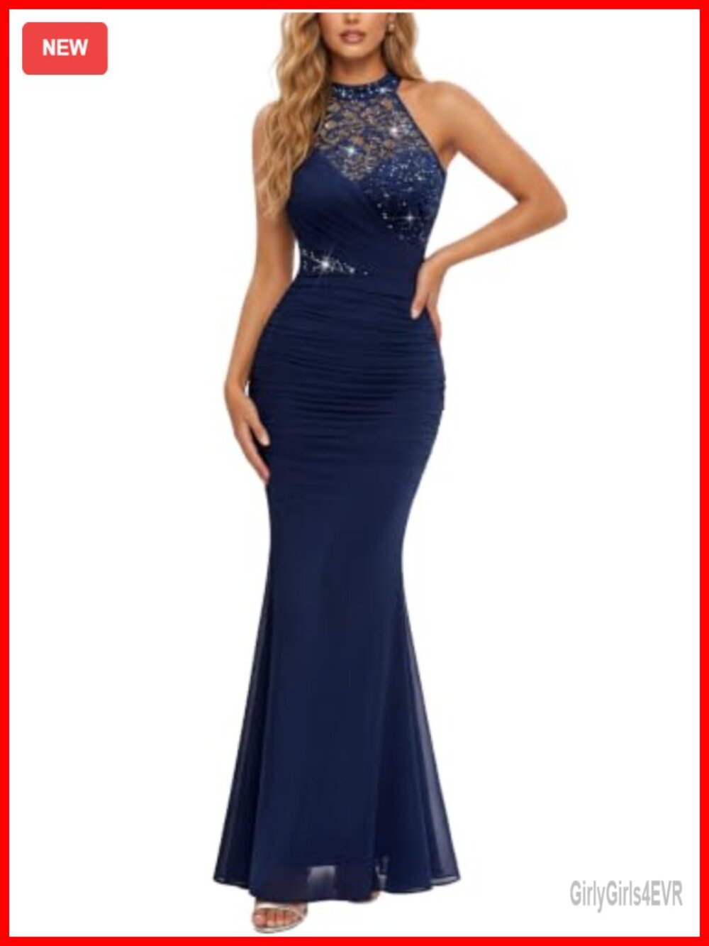 Halter Neck Sequin Lace Mesh Ruched Evening Maxi Dress Formal Gown